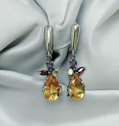 Серьги с цитрином, гранатом, аметистом и хризолитом